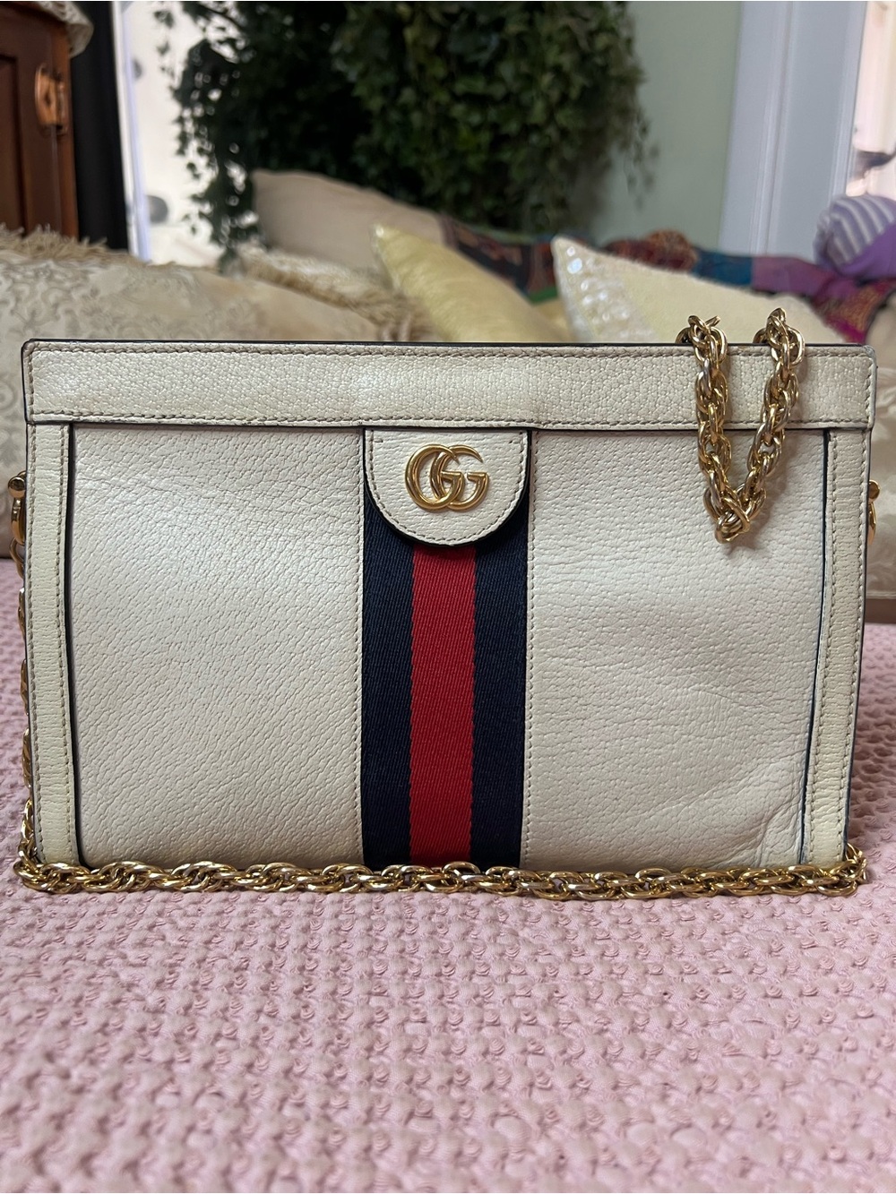 Gucci Ophidia Small White Leather Web Chain Shoulder Bag